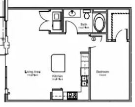 Floor plan for 1 bed, 1 bath, 791 sqft